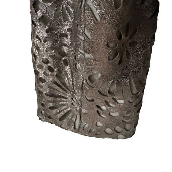 Worth Leather Jacket Sz 6 Floral Laser Cut Outs Bronze Champange Snap Front - Picture 6 of 16
